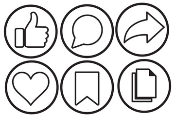 Wall Mural - Like, comment, share icon buttons and Thumbs up and love heart flat Black line art icon in modern speech bubble shapes , Social media notification icons. emoji post reactions set. Vector illustration