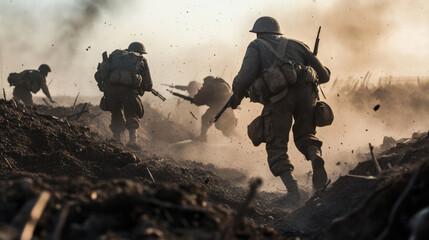 Poster - A group of soldiers are running through a field of dirt and debris