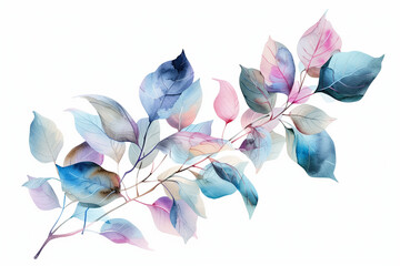 Wall Mural - Delicate greenery arrangement watercolor painted. Bouquet with blue, pink, turquoise line texture leaves, twigs branches. Design template art.


