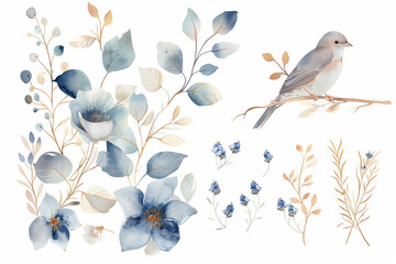 Wall Mural - Delicate greenery arrangements watercolor painted set. Bouquets with blue, turquoise leaves and branches, violet wild flowers, bird, golden line graphics. Design template art collection.


