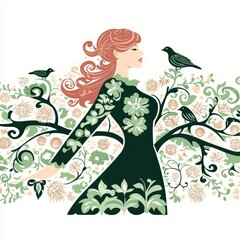 Poster - Woman in Floral Dress with Birds