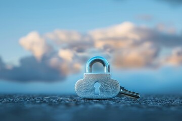 Poster - A padlock lying on the ground with a clear blue sky in the background, Symbolic imagery representing the importance of password protection in the cloud