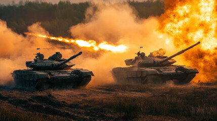 Two tanks are in a battle, one of which is firing a cannon