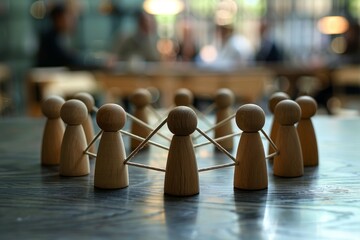 Poster - A group of wooden figures are standing side by side in a row, symbolizing unity and teamwork, Symbolic representation of group dynamics and communication