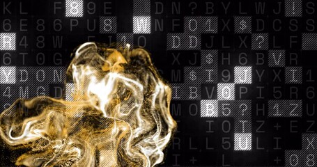 Poster - Golden fluid motion animation over black background with alphanumeric characters