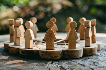 Wall Mural - Group of wooden people standing on top of a table, representing unity and teamwork, Symbolic representation of group dynamics and communication