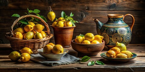 Wall Mural - 3. A carefully arranged still life with saffron yellow lemons, artisanal ceramics, and rustic wooden accents, a realistic photo image.