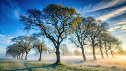 2. Morning mist swirls around ash grey tree trunks, their branches etched against a soft, pale blue sky, a realistic photo image.