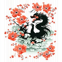 Wall Mural - Dragon and Cherry Blossoms Illustration