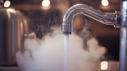 A close-up image of a chrome faucet with hot water running from it, creating a cloud of steam. The steam symbolizes warmth, comfort, cleanliness, purity, and rejuvenation.