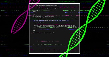Poster - HTML code snippet over DNA strand animation with colorful lines