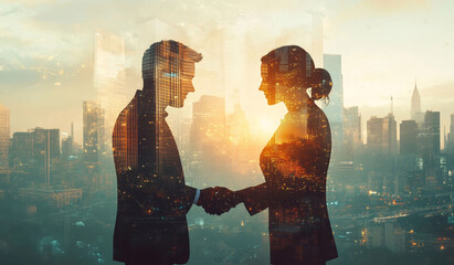 Wall Mural - Double Exposure Illustration of Two Business People Shaking Hands with Cityscape and International Bank Building in the Background, Symbolizing Successful Business Partnership and Global Financial Col