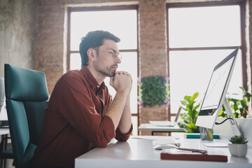 Poster - Photo of nice boss man thinking watch monitor dressed brown formalwear comfortable light startup office loft room interior