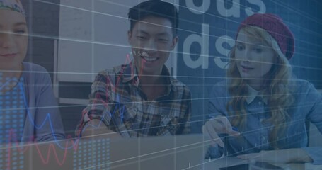 Poster - Financial data and stock market animation over diverse people working on laptops