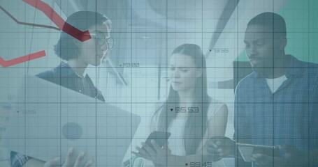 Poster - Financial data and declining graph animation over diverse people using electronic devices