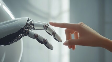 The human finger delicately touches the finger of a robot's metallic finger. Concept of harmonious coexistence of humans and AI technology