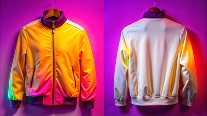 Stylish Cool Jacket Mockup with Vibrant Colors and Modern Design on Hanger Against Purple Background