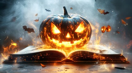 A mystical book of spells with Halloween party masks scattered around, detailed 3D rendering, magical glow effects, isolated on white background