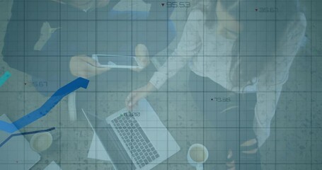 Aufkleber - Financial data and graph animation over business meeting with laptop and documents