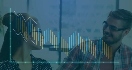 Poster - Financial data chart animation over diverse business people in office