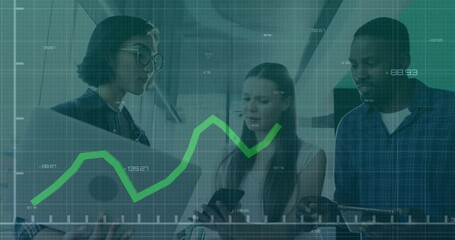 Poster - Financial graph animation over diverse colleagues discussing work in modern office
