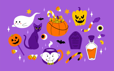 Wall Mural - Cute kids Halloween set. Happy pumpkin, zombie hand, cute ghost, skull cupcake candy and witch potion. October holiday stickers, design elements bundle. Isolated flat vector illustrations