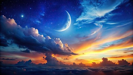 2. a mesmerizing evening sky with a crescent moon, set against a backdrop of deep celestial blue hue