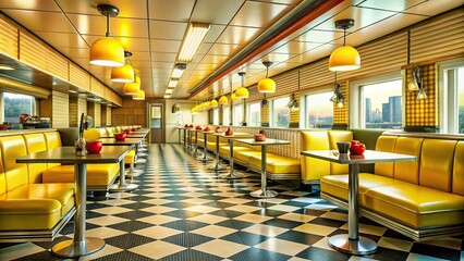 2. A vintage 1950s-style diner interior with bright yellow booths, chrome accents, and neon signs, a realistic photo image.