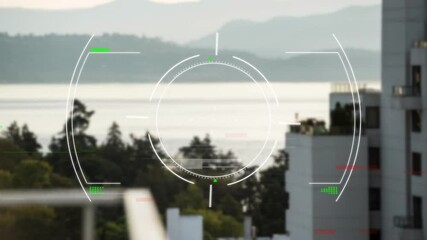 Poster - Targeting system animation over cityscape with trees and buildings