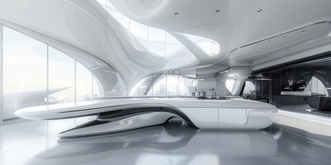 Wall Mural - Futuristic Kitchen Interior with White Curved Walls and a City View