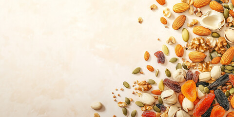 Wall Mural - Group of mixed nuts, seeds, and dried fruits scattered randomly