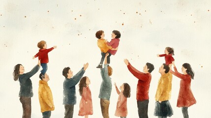 A joyful family gathering with children being lifted by adults, celebrating together in warm, loving atmosphere.