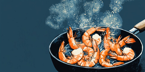 Wall Mural - Close-up of shrimp scampi cooking in a skillet with garlic and butter