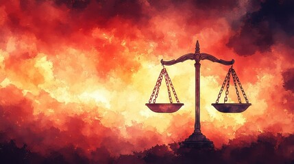 Wall Mural - A symbolic representation of justice, featuring balance scale against fiery background, evokes sense of conflict and resolution.