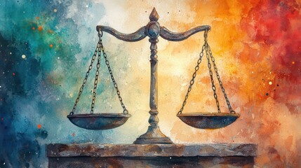 Wall Mural - A beautifully illustrated balance scale symbolizes justice and fairness, set against vibrant, colorful background.