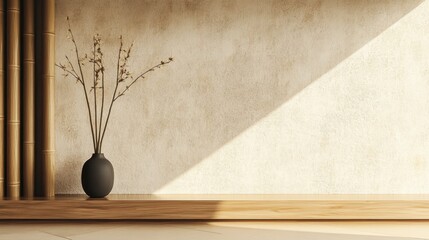 flowers in vase, minimalist interior design, wooden shelf, bamboo sticks, beige wall texture, warm ambient lighting, simplicity, earthy tones, modern zen aesthetic