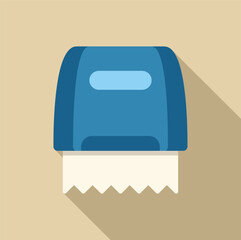 Poster - Blue wall mounted paper towel dispenser dispensing a fresh paper towel with long shadow on a beige background