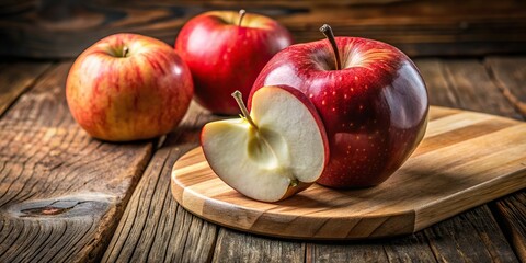 Wall Mural - 7. A close-up of a ripe Tomato Red apple, sliced in half to reveal its crisp white interior, on a rustic wooden cutting board, a realistic photo image.