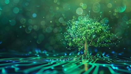 Wall Mural - Green Tree Growing from Circuit Board with Glowing Lines