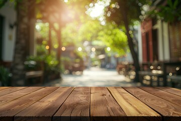 Wall Mural - Wooden Tabletop Against a Blurred Background of a Sunny Outdoor Scene