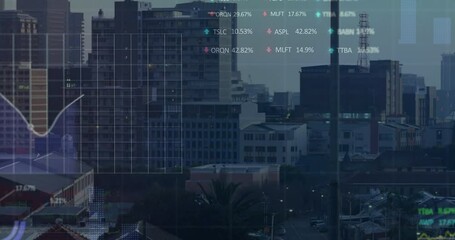 Poster - Stock market data animation over cityscape with buildings and skyscrapers