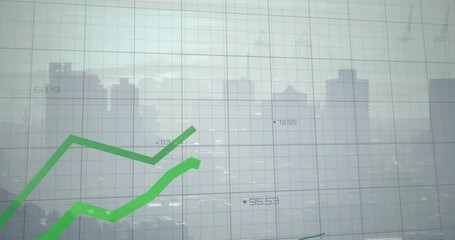 Poster - Rising green line graph animation over cityscape background with grid lines