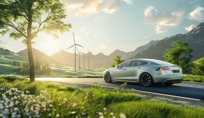 Silver Electric Car Driving on a Scenic Road with Wind Turbines and Mountains in the Background