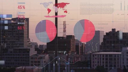 Poster - Financial data visualization animation over cityscape with charts and graphs