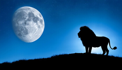 a lion silhouetted against a full moon, standing on a hilltop