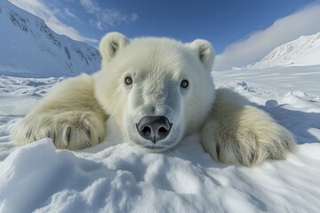 Wall Mural - Close-up Portrait of a Polar Bear Lying on Snow