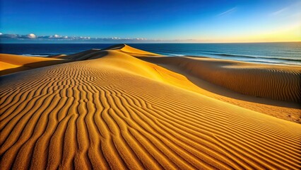 10. Warm, golden coffee brown sand dunes with ridges, formed by gentle ocean breeze, under a clear blue sky, a realistic photo image.