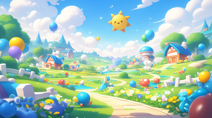 A lively cartoon background with a bright sky, fluffy clouds, and a cheerful sun. The landscape features colorful hills and whimsical trees, perfect for a fun game environment.