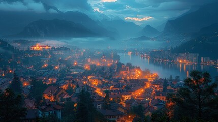 Wall Mural - Night View of City Lights with Mountain Background.