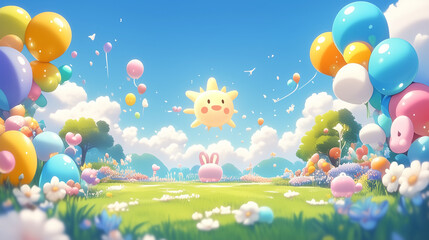 Wall Mural - Bright cartoon game background featuring a blue sky, cheerful sun, and fluffy clouds. The landscape includes colorful hills and whimsical trees, creating a playful and fun scene.